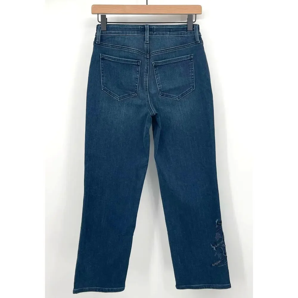 NYDJ Relaxed Straight Leg Ankle Jeans Size 00 Floral Embroidered Blue Denim‎